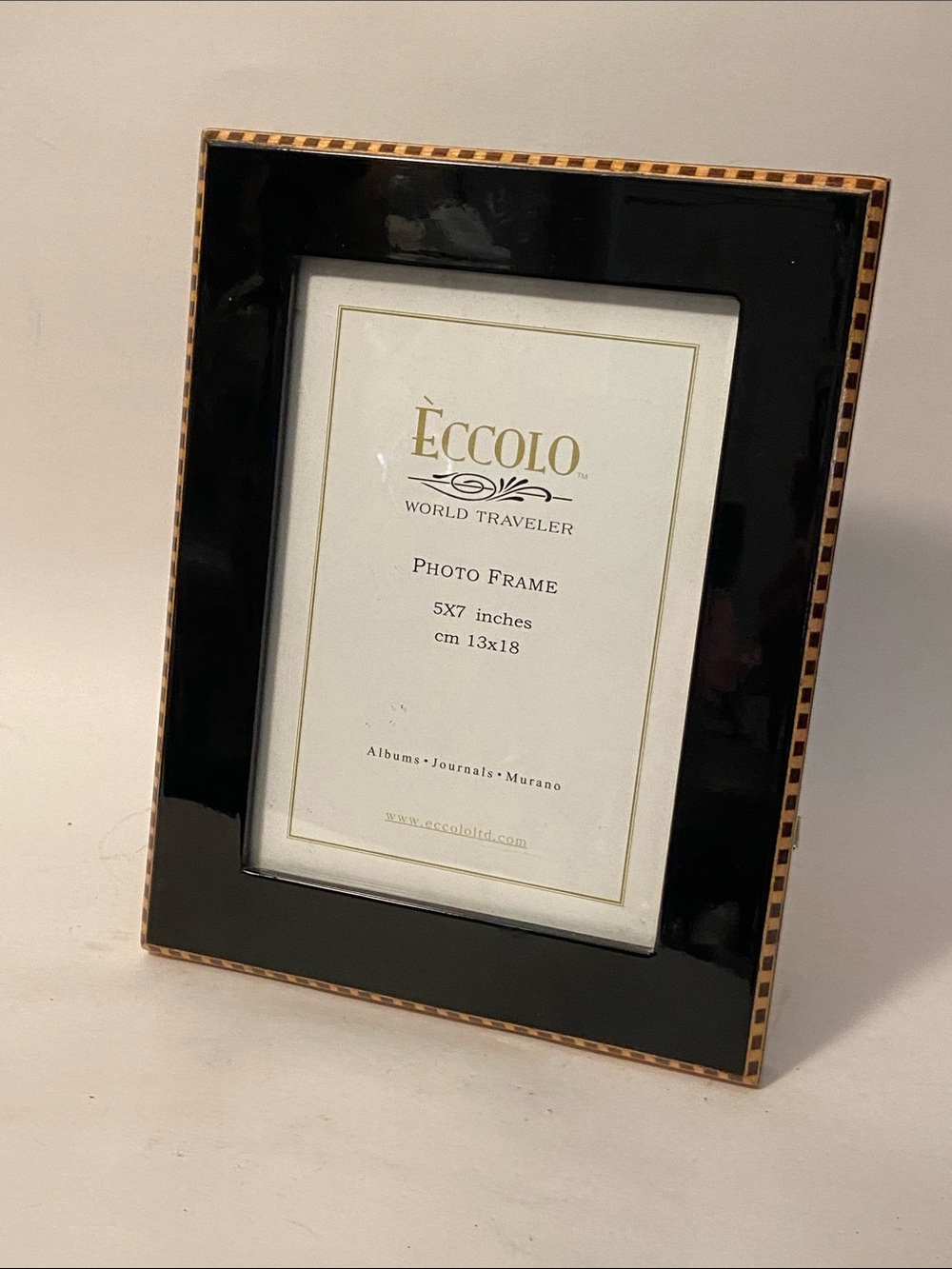 Eccolo Black Lacquered Photo Frame with Gold Checkerboard Trim 9 x 7”